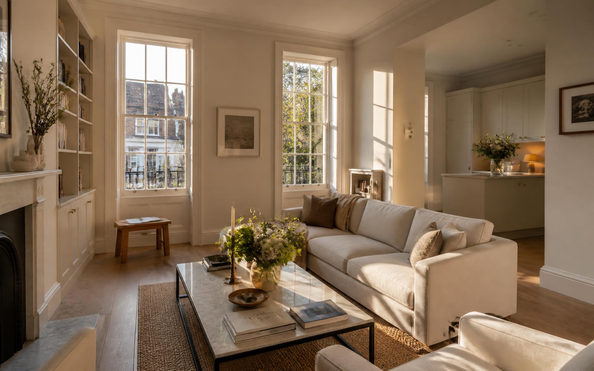 Sunlit, immaculately clean living room in a modern London townhouse